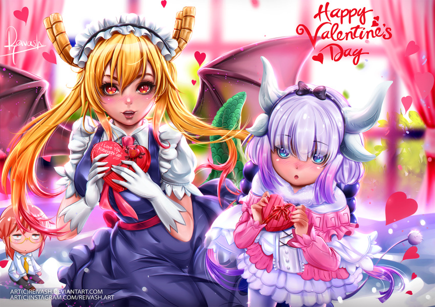 2girls :d :o artist_name bangs beads black_bow black_hairband blonde_hair blue_eyes blunt_bangs blush bow box capelet character_doll commentary dragon_girl dragon_horns dragon_tail dragon_wings dress eyebrows_visible_through_hair gift gift_box gloves hair_beads hair_bow hair_ornament hairband happy_valentine heart heart-shaped_box highres holding holding_gift horns indoors javier_estrada kanna_kamui kobayashi-san_chi_no_maidragon kobayashi_(maidragon) long_hair long_sleeves looking_at_viewer maid maid_headdress multiple_girls necktie open_mouth parted_lips ponytail red_eyes red_necktie revision short_sleeves silver_hair slit_pupils smile tail tooru_(maidragon) twintails valentine white_gloves white_legwear wings
