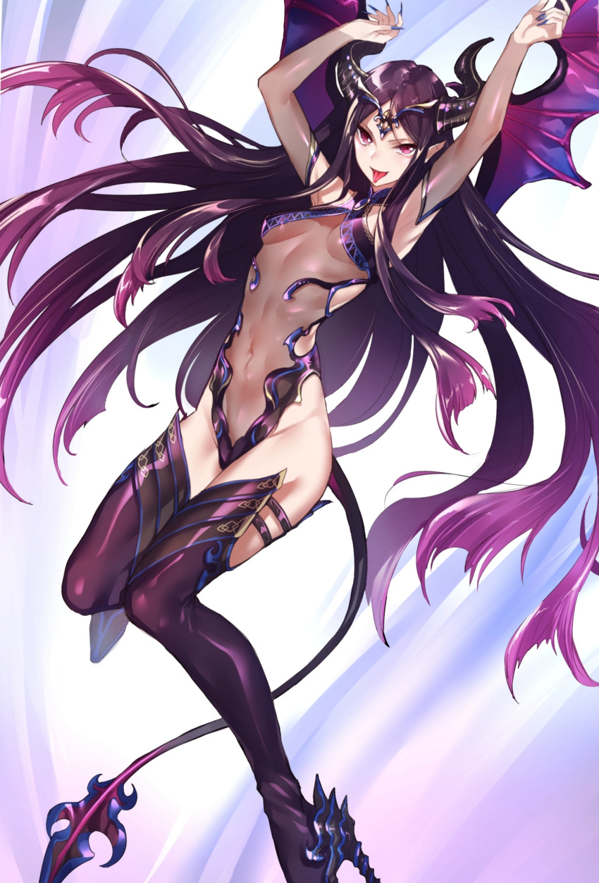 &gt;:) 1girl absurdres arms_up bangs bare_shoulders breasts covered_navel demon_girl demon_tail demon_wings detached_sleeves fingernails forehead_protector gradient_hair groin high_heels highres leotard long_hair looking_at_viewer maruchi multicolored_hair original parted_bangs pointy_ears purple_hair purple_legwear red_eyes see-through sharp_fingernails sidelocks small_breasts smile solo tail thigh-highs tongue tongue_out tsurime very_long_hair wings