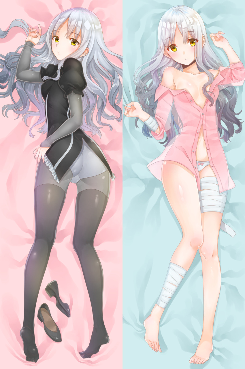 1girl absurdres arm_at_side ass bandage bandaged_arm bandaged_leg bangs bare_shoulders barefoot bed_sheet black_shirt black_shoes blush bodystocking bomhat bow bow_panties breasts buttons caren_hortensia cleavage closed_mouth collarbone dakimakura eyebrows_visible_through_hair fate/hollow_ataraxia fate/stay_night fate_(series) frilled_shirt frills from_above from_behind full_body grey_hair groin hand_up highres legs_apart long_hair looking_at_viewer looking_back lying multiple_views nail_polish navel no_bra off_shoulder on_back open_mouth panties pantyhose pink_bow pink_nails pink_shirt puffy_short_sleeves puffy_sleeves shirt shoes shoes_removed short_sleeves small_breasts solo stomach toenails unbuttoned unbuttoned_shirt underwear
