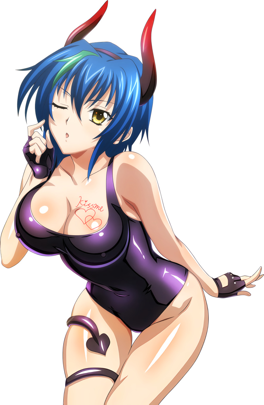 1girl black_gloves black_hairband black_leotard blue_hair breasts cleavage collarbone covered_navel cutout demon_horns demon_tail erect_nipples fake_horns fingerless_gloves gloves green_hair groin hair_between_eyes hairband heart high_school_dxd highres horns large_breasts leotard multicolored_hair one_eye_closed shiny shiny_clothes shiny_skin short_hair solo standing tail transparent_background two-tone_hair xenovia_(high_school_dxd) yellow_eyes