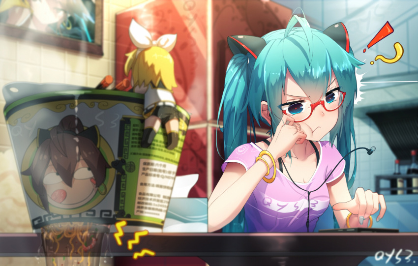 !? 2girls :t ahoge aqua_eyes aqua_hair bai_yemeng bespectacled bra_strap chibi chopsticks earphones earphones frown glasses hatsune_miku kagamine_rin kitchen leaking long_hair multiple_girls ramen red-framed_eyewear twintails vocaloid