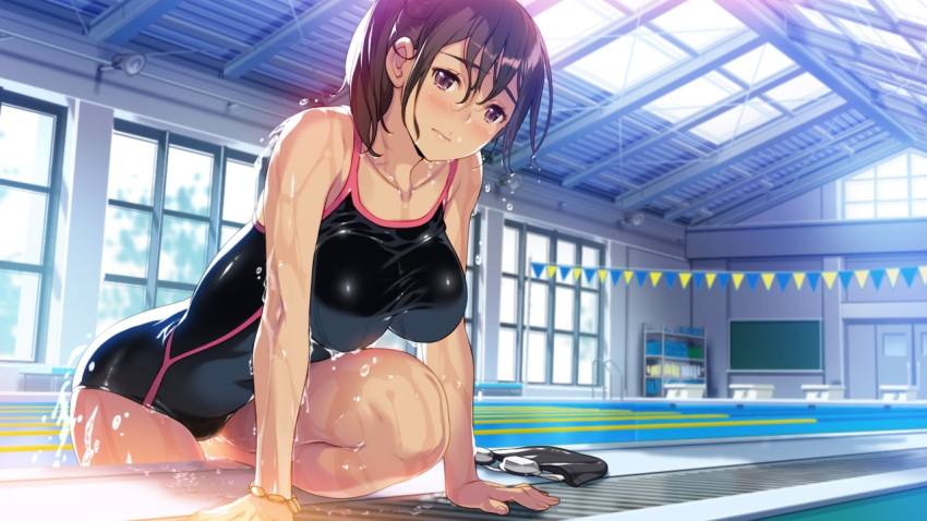 1girl arm_support blush breasts brown_hair competition_swimsuit dripping goggles goggles_removed hamashima_shigeo indoors kazama_natsuki large_breasts looking_at_viewer one-piece_swimsuit pool shinsou_noise:_jushin_tantei_no_jikenbo short_hair solo swimsuit violet_eyes wet