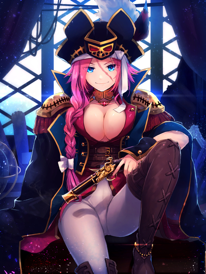 1girl antique_firearm blue_eyes boots braid breasts choker cleavage cocorosso corset curtains epaulettes fate/extra fate_(series) feathers female firearm firelock flintlock genderswap genderswap_(mtf) gun hair_over_shoulder handgun hat highres indoors jewelry large_breasts long_hair looking_at_viewer pantyhose pink_hair pistol rider_(fate/extra) scar smile solo thigh-highs thigh_boots tricorne trigger_discipline very_long_hair weapon window