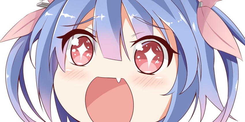 +_+ 1girl blue_hair blush close-up eyebrows_visible_through_hair fang i-19_(kantai_collection) kantai_collection long_hair looking_at_viewer no_nose open_mouth red_eyes ribbon simple_background sin-poi solo sparkling_eyes symbol-shaped_pupils tri_tails twintails white_background