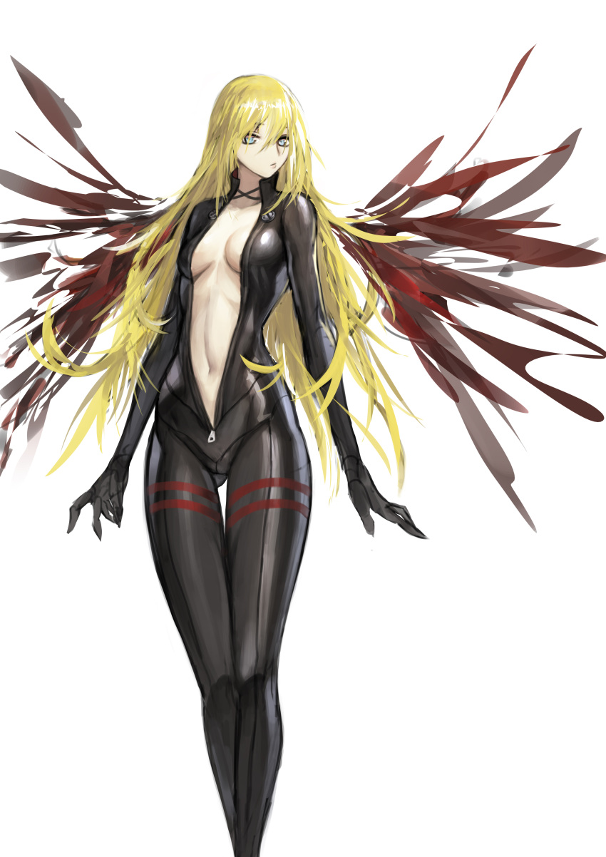 1girl absurdres arms_at_sides bangs blonde_hair blue_eyes bodysuit breasts center_opening character_request closers full-length_zipper full_body gluteal_fold hair_between_eyes highres legendwarrior long_hair looking_at_viewer medium_breasts midriff navel simple_background solo stomach thigh_gap unzipped very_long_hair white_background wings zipper