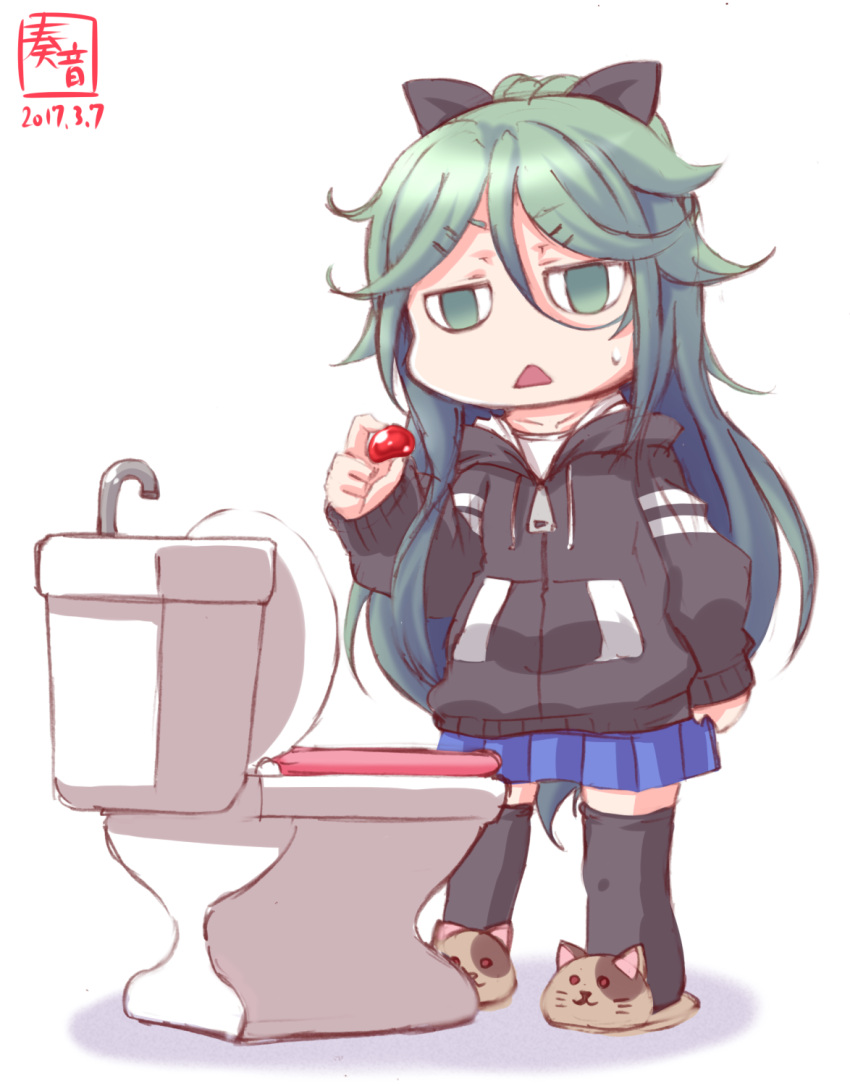 1girl alternate_costume casual commentary_request green_eyes green_hair hair_ornament hair_ribbon hairclip highres holding hood hooded_jacket jacket kanon_(kurogane_knights) kantai_collection long_hair pleated_skirt ribbon simple_background sketch skirt slippers solo sweat thigh-highs toilet_seat triangle_mouth white_background yamakaze_(kantai_collection) zettai_ryouiki