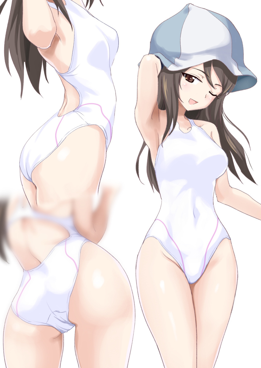 1girl armpits ass blurry breasts brown_eyes brown_hair competition_swimsuit covered_navel cowboy_shot gin'you_haru girls_und_panzer hat highres long_hair looking_at_viewer medium_breasts mika_(girls_und_panzer) multiple_views one-piece_swimsuit one_eye_closed simple_background smile standing swimsuit white_background white_swimsuit