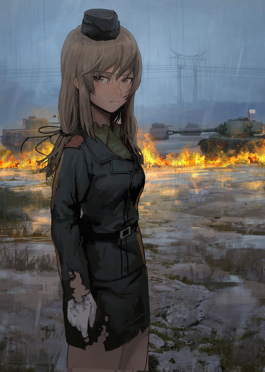 1girl absurdres bangs battle belt brown_eyes buckle closed_mouth commentary_request eyebrows_visible_through_hair fire flag gloves grass grey_sky ground_vehicle hair_between_eyes hair_over_one_eye hat highres light_brown_hair long_hair long_sleeves looking_at_viewer military military_hat military_uniform military_vehicle motor_vehicle mud outdoors pencil_skirt rain skirt solo tank tomiya_(tomiya2117) torn_clothes torn_skirt uniform wet white_flag white_gloves