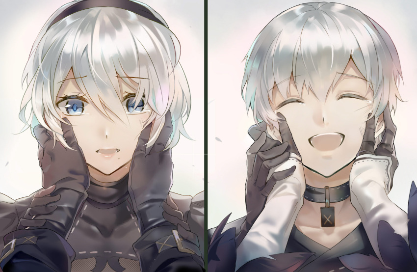 1boy 1girl blue_eyes choker closed_eyes couple crying eyelashes gloves highres lips long_sleeves mole mole_under_mouth nier_(series) nier_automata open_mouth pale_skin qitoli short_hair simple_background smile white_hair yorha_no._2_type_b yorha_no._9_type_s
