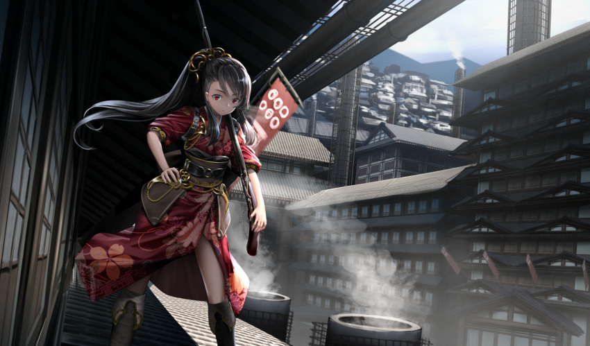 1girl belt black_hair boots building chains expressionless floral_print gold_chain gun hand_on_hip highres japanese_clothes long_hair looking_at_viewer musket on_roof original outdoors over_shoulder pipes ponytail red_eyes rooftop ryosios sidelocks smokestack solo steampunk tagme town weapon weapon_over_shoulder