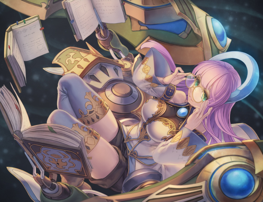 1girl adjusting_glasses bare_shoulders book boots breasts glasses green_eyes juri_(p&amp;d) large_breasts lips looking_at_viewer looking_up original puzzle_&amp;_dragons rotix shorts smile solo thigh-highs thigh_boots wide_sleeves