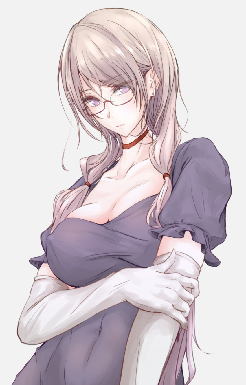 1girl akiyama_cz4a alternate_hairstyle bangs bespectacled blonde_hair breasts choker cleavage collarbone dress earrings ears elbow_gloves erect_nipples error expressionless eyebrows_visible_through_hair eyes_visible_through_hair glasses gloves gradient_hair hair_tie hand_on_own_arm highres impossible_clothes impossible_dress jewelry long_hair looking_at_viewer low_tied_hair medium_breasts mole mole_under_eye multicolored_hair navel neck pink_lips platinum_blonde puffy_nipples puffy_short_sleeves puffy_sleeves purple_dress purple_hair red-framed_eyewear reflective_eyes semi-rimless_glasses shiny shiny_hair short_sleeves solo stud_earrings swept_bangs touhou under-rim_glasses upper_body violet_eyes white_gloves yakumo_yukari