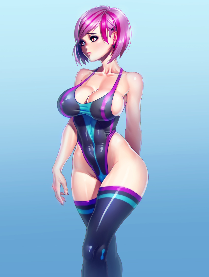 1girl absurdres bare_shoulders blue_background breasts collarbone covered_navel ear_piercing gradient gradient_background hair_ornament hairclip highres hips large_breasts lips looking_to_the_side nikita_varb original piercing pink_hair red_eyes short_hair solo thighs