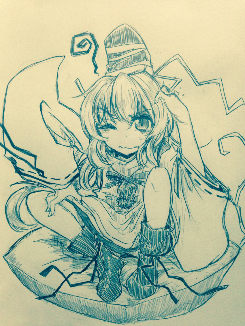 1girl arm_up bangs boots commentary_request detached_sleeves efukei eyebrows_visible_through_hair full_body hair_between_eyes hat highres long_hair long_sleeves looking_at_viewer monochrome mononobe_no_futo one_eye_closed pom_pom_(clothes) ribbon-trimmed_sleeves ribbon_trim scratching_head sidelocks sitting solo squiggle sweat tate_eboshi touhou traditional_media wavy_mouth wide_sleeves