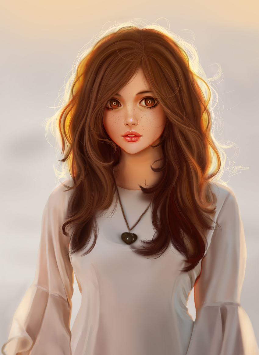 1girl absurdres backlighting bangs blurry brown_eyes brown_hair commentary depth_of_field freckles head_tilt heart heart_necklace highres lemon_cat long_hair looking_at_viewer original parted_lips photo_reference realistic shirt solo swept_bangs white_shirt
