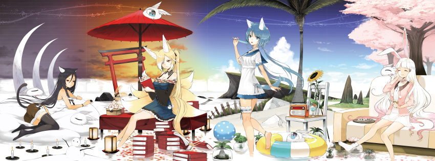 4girls :3 :p :t ^_^ absurdres animal_ears ankle_ribbon ball bangs beach beachball black_hair black_legwear blonde_hair blue_eyes blue_hair blunt_bangs book bracelet braid breasts camisole cat_ears cat_tail cherry_blossoms cleavage closed_eyes couch dango dress flower food fox_ears fox_tail from_side fur_trim hair_between_eyes half_updo hand_on_own_cheek highres innertube jewelry lantern leaf leg_garter long_hair looking_at_viewer low_ponytail lying maple_leaf medium_breasts mochi multiple_girls multiple_tails nail_polish oriental_umbrella original palm_tree petals pinky_out popsicle rabbit_ears radio red_eyes ribbon shorts sitting sky snowman soaking_feet socks source_request standing standing_on_one_leg strap_slip sunflower tail thigh-highs tokiti tongue tongue_out torii tree umbrella very_long_hair wagashi white_hair white_legwear wristband