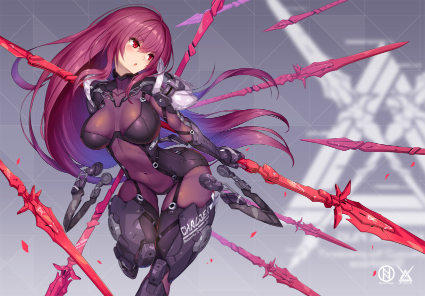 1girl 2d adapted_costume armor bangs blush bodysuit boots breasts commentary_request covered_navel eyebrows_visible_through_hair fate/grand_order fate_(series) gae_bolg gauntlets holding lance large_breasts long_hair looking_to_the_side metal_boots parted_lips polearm purple_bodysuit purple_hair red_eyes scathach_(fate/grand_order) solo standing thigh_gap very_long_hair weapon