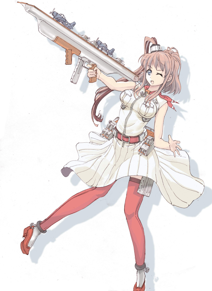 1girl absurdres aiming aircraft airplane ascot blue_eyes breast_pocket brown_hair dress flight_deck full_body garter_straps gun hair_between_eyes hal9500 highres kantai_collection long_hair magazine_(weapon) one_eye_closed pocket ponytail red_ascot red_legwear saratoga_(kantai_collection) side_ponytail sidelocks solo thigh-highs weapon white_dress