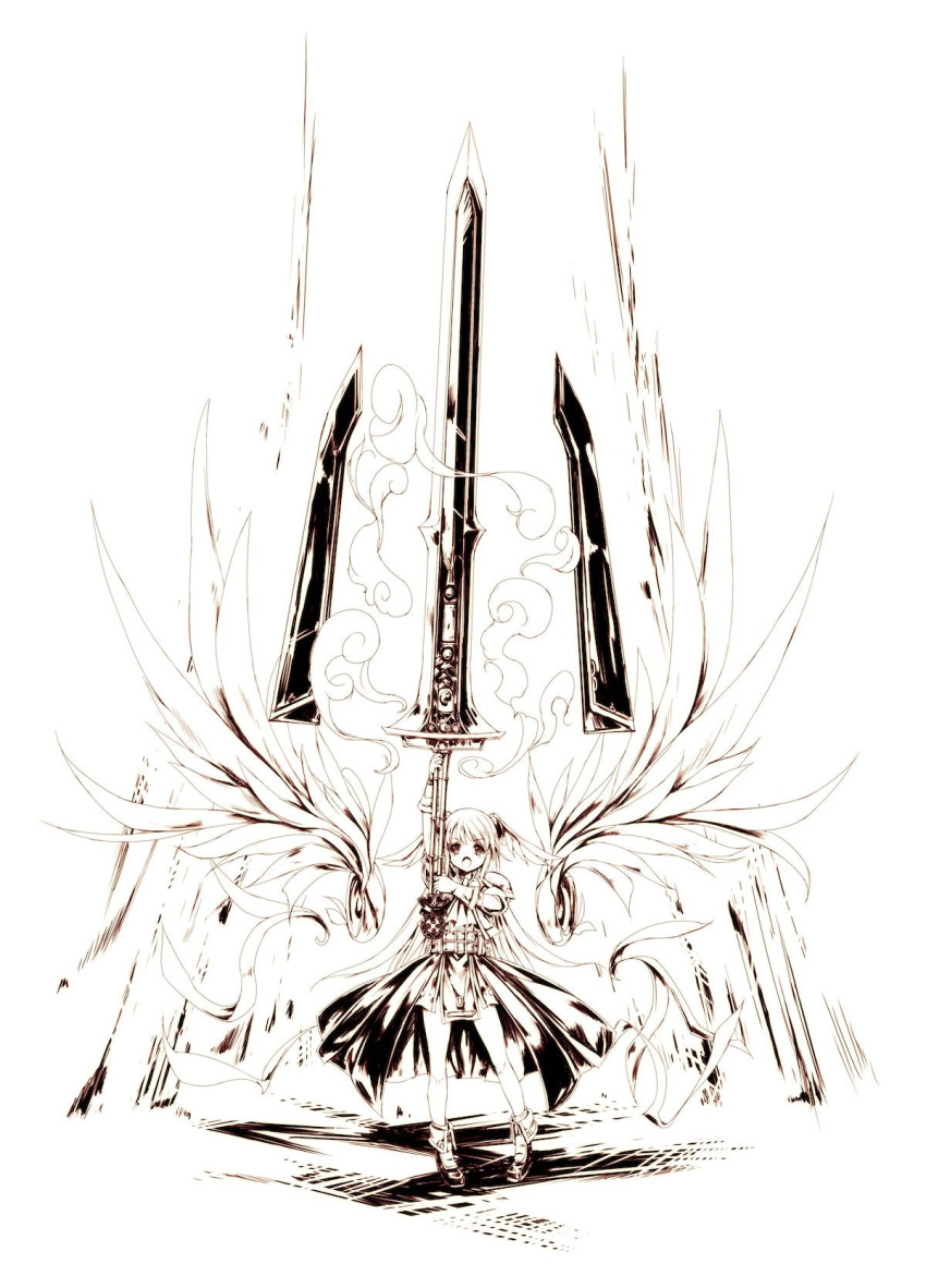 1girl angel_wings belt boots cropped_jacket dress eien_no_aselia euphoria_(seinarukana) gloves hair_ornament head_wings highres hitomaru huge_weapon jacket monochrome official_art open_mouth pauldrons solo sword weapon wings