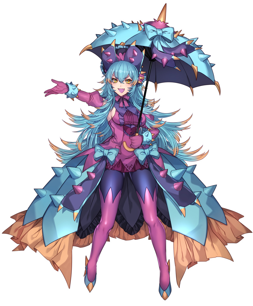 1girl aqua_hair bonnet bow bracelet breasts commentary_request dress elbow_gloves fangs frilled_dress frills gloves high_heels highres holding holding_umbrella jewelry katagiri_hachigou long_hair multicolored multicolored_eyes multicolored_hair open_mouth orange_hair personification pokemon purple_gloves purple_legwear sideboob simple_background solo toxapex umbrella white_background