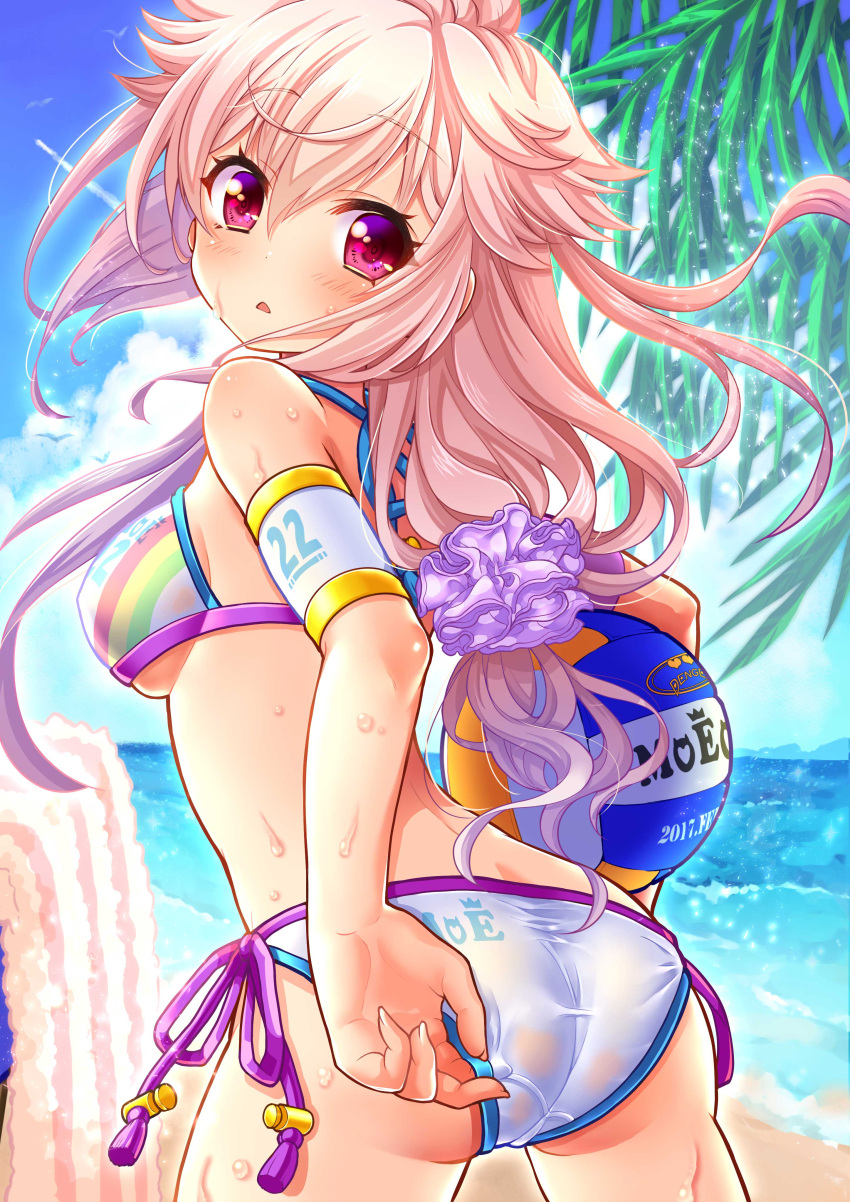 1girl 2017 absurdres adjusting_clothes adjusting_swimsuit ass beach bikini breasts clouds cloudy_sky dated day eyebrows_visible_through_hair floating_hair from_behind fujisawa_one highres long_hair looking_at_viewer looking_back medium_breasts moe2017 ocean original outdoors parted_lips pink_hair red_eyes side-tie_bikini sideboob sky solo standing striped striped_bikini swimsuit under_boob wet white_bikini_bottom