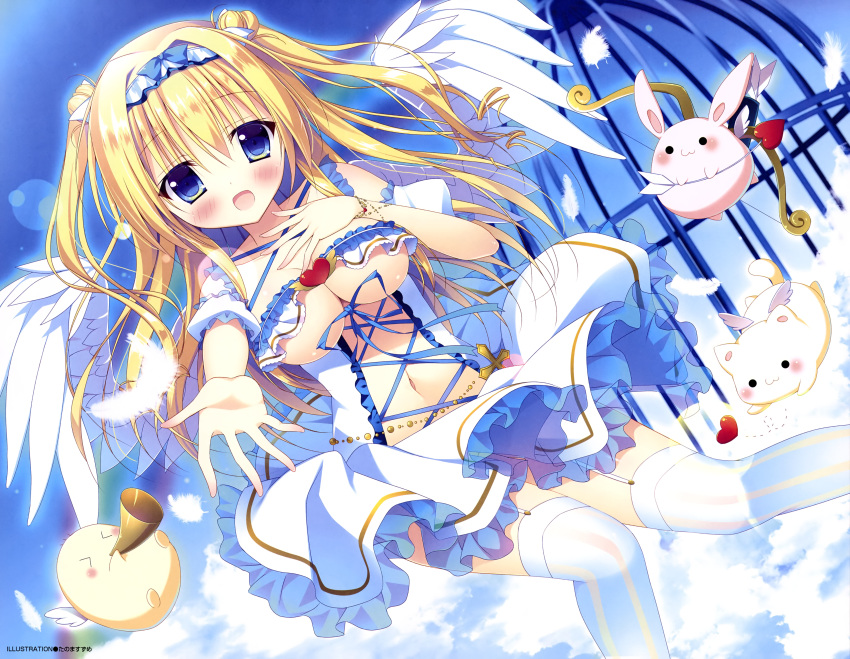 1girl absurdres blonde_hair blue_bow blue_eyes blue_hairband blush bow breasts feathered_wings floating_hair garter_straps hairband highres long_hair looking_at_viewer medium_breasts midriff navel open_mouth original outstretched_arm solo striped striped_legwear tanoma_suzume thigh-highs under_boob vertical-striped_legwear vertical_stripes white_legwear white_wings wings