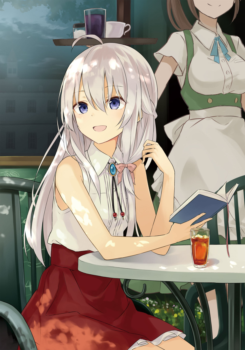 2girls :d absurdres ahoge azuuru_(azure0608) bare_shoulders blue_eyes book chair elaina_(majo_no_tabitabi) elbow_rest elbows_on_table glass hair_between_eyes hair_ribbon highres holding holding_book long_hair multiple_girls open_book open_mouth out_of_frame outdoors red_skirt ribbon riviere_to_inori_no_kuni shirt silver_hair sitting skirt sleeveless smile sunlight waitress white_shirt