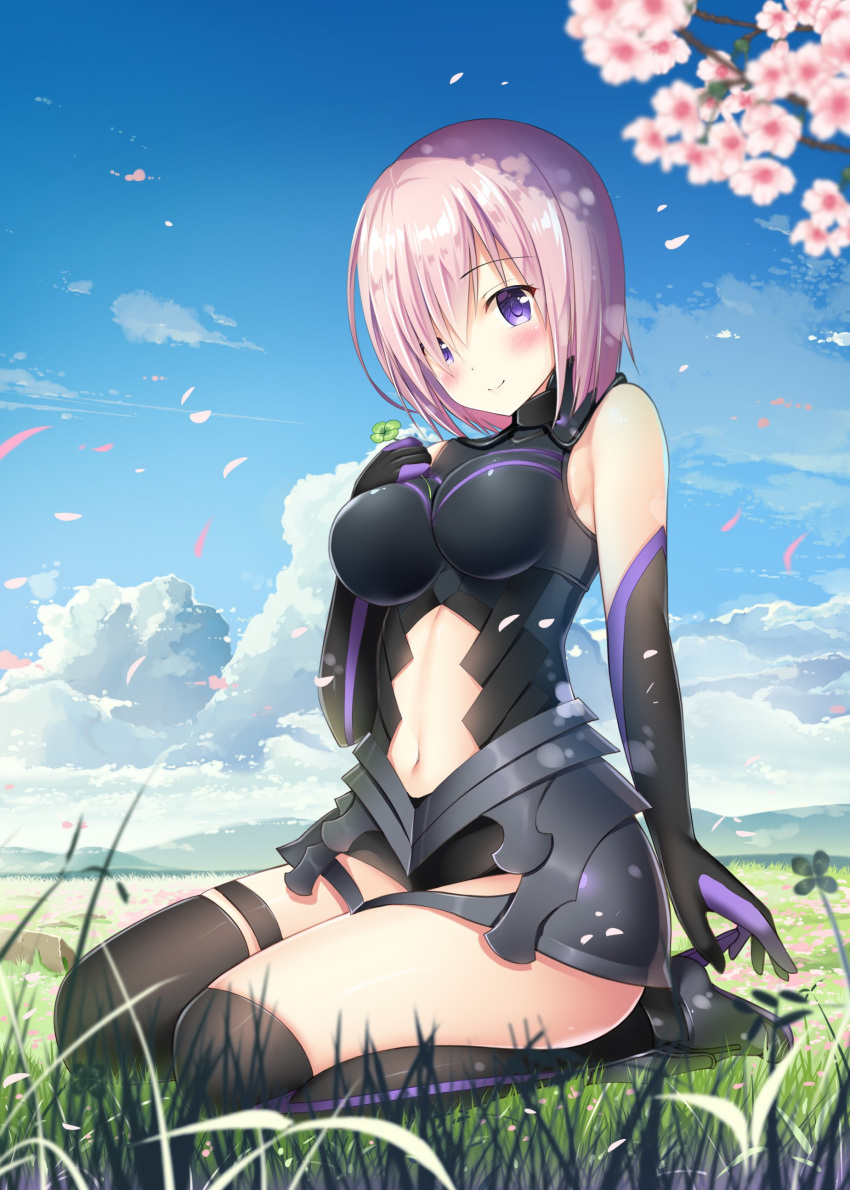 1girl absurdres ankle_boots armor armored_dress bare_shoulders black_dress black_gloves black_legwear blue_sky blush boots breasts closed_mouth clouds clover day dress elbow_gloves fate/grand_order fate_(series) field four-leaf_clover full_body gloves grass grey_boots hair_over_one_eye high_heel_boots high_heels highres holding looking_at_viewer medium_breasts navel navel_cutout outdoors pink_hair seiza shielder_(fate/grand_order) short_hair sitting sky sleeveless sleeveless_dress smile solo sousouman stomach thigh-highs thigh_strap thighs violet_eyes
