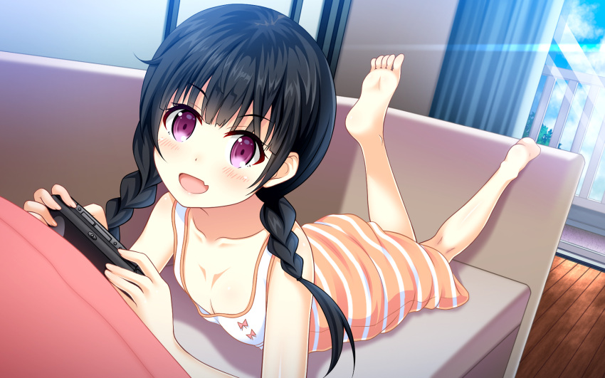 1girl barefoot black_hair blush fang feet flat_chest fuyu_urara handheld_game_console highres long_hair looking_at_viewer lying momohara_natsuki on_stomach one_room open_mouth playing_games playstation_vita soles solo the_pose toes twintails violet_eyes