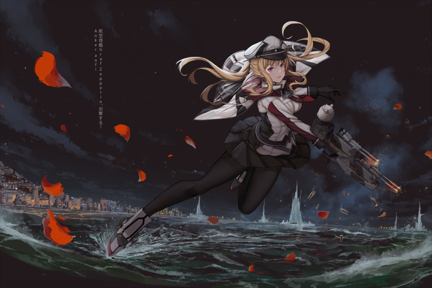 1girl black_gloves black_legwear blonde_hair blush capelet city german gloves graf_zeppelin_(kantai_collection) hat highres kantai_collection long_hair long_sleeves machinery night night_sky pantyhose peaked_cap petals pleated_skirt sekigan shell_casing skirt sky solo turret twintails violet_eyes water