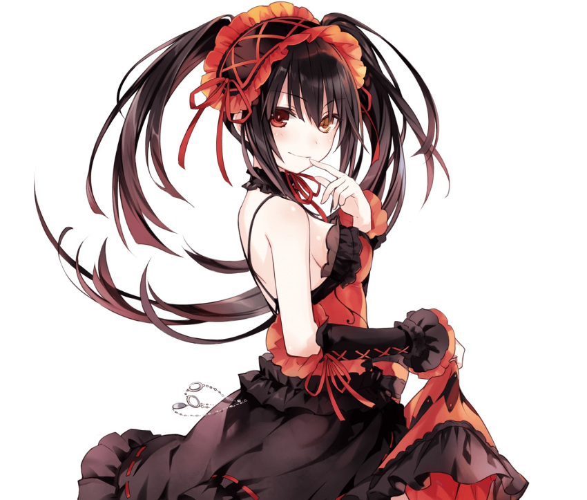 1girl asymmetrical_hair black_hair breasts choker clock_eyes date_a_live detached_sleeves dress from_side gothic_lolita hairband headdress heterochromia highres lolita_fashion lolita_hairband long_hair looking_at_viewer medium_breasts neck_ribbon red_eyes red_ribbon ribbon sideboob simple_background skirt_hold sleeveless sleeveless_dress smile solo standing symbol-shaped_pupils tokisaki_kurumi tsunako twintails white_background yellow_eyes