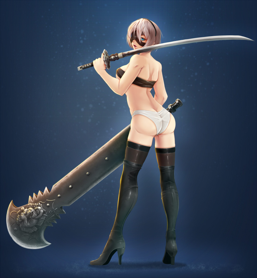 1girl ass bangs bare_arms bare_shoulders black_boots black_hairband blindfold blindfold_slip blue_eyes boots breasts broadsword brown_gloves brown_legwear butt_crack chains covered_eyes dimples_of_venus dual_wielding from_behind full_body gloves greatsword hair_over_eyes hairband hand_up high_heel_boots high_heels highres holding holding_sword holding_weapon huge_weapon katana large_breasts legs_apart looking_at_viewer looking_back medium_breasts mole mole_under_mouth nier_(series) nier_automata nose oldlim open_mouth over_shoulder panties pink_lips short_hair shoulder_blades silver_hair solo standing strapless sword thigh-highs thigh_boots thighs tubetop twisted_neck underwear weapon weapon_over_shoulder white_panties yorha_no._2_type_b