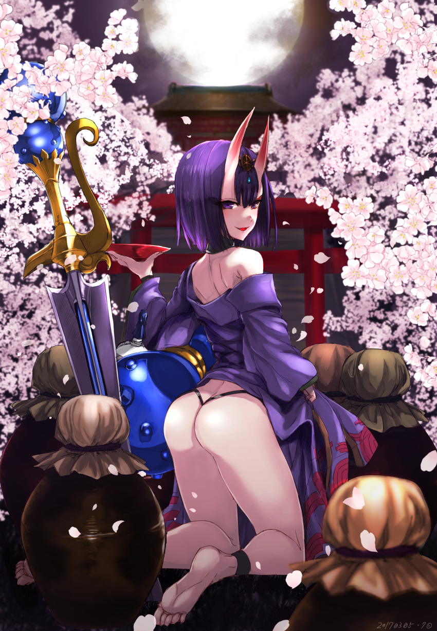 1girl absurdres anklet ass bare_shoulders barefoot black_panties cherry_blossoms cup eyeshadow fate/grand_order fate_(series) from_behind full_body full_moon gourd hair_ornament highres japanese_clothes jewelry kimono kneeling kuronuko_neero long_sleeves looking_at_viewer looking_back makeup moon night off_shoulder oni_horns panties parted_lips petals planted_sword planted_weapon purple_hair sakazuki short_hair shrine shuten_douji_(fate/grand_order) smile solo sword thong torii underwear violet_eyes weapon wide_sleeves