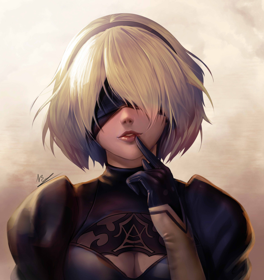 1girl absurdres backlighting black_dress black_gloves black_hairband blindfold breasts cleavage cleavage_cutout covered_eyes dress finger_to_mouth gloves hairband head_tilt highres medium_breasts nier_(series) nier_automata nose parted_lips red_lips short_hair signature silver_hair smile solo upper_body yorha_no._2_type_b yuuko_takega