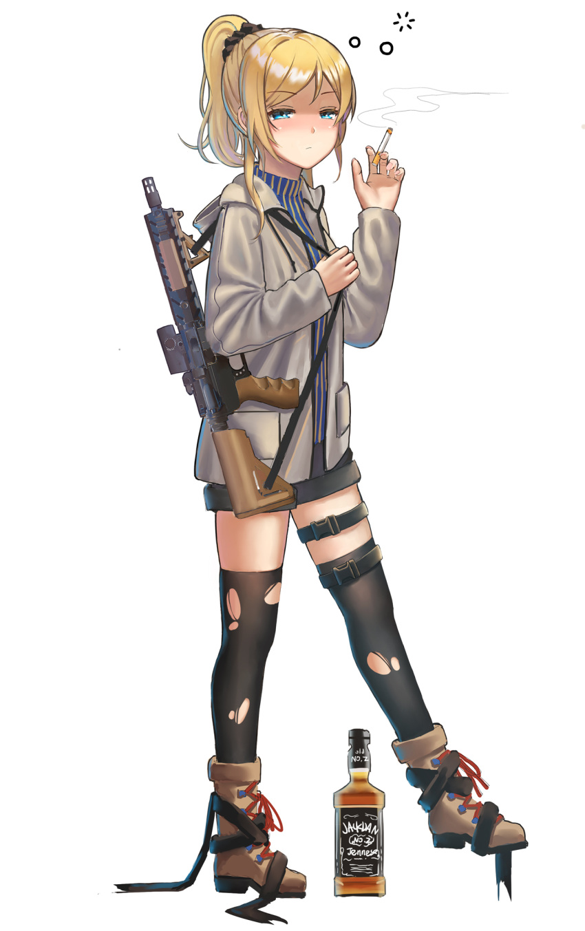 5ya ar-15 assault_rifle ayase_eli black_legwear black_ribbon black_shorts blonde_hair blue_eyes blue_shirt boots bottle brown_boots character_request cigarette commentary_request cross-laced_footwear drunk fingernails from_side full_body grey_jacket gun highres hood hood_down hoodie looking_at_viewer love_live! nail_polish pantyhose pink_nails pocket ponytail ribbon rifle shirt shoe_ribbon short_shorts shorts simple_background smoking striped striped_shirt thigh_strap torn_clothes torn_pantyhose turtleneck walking weapon white_background yellow_shirt