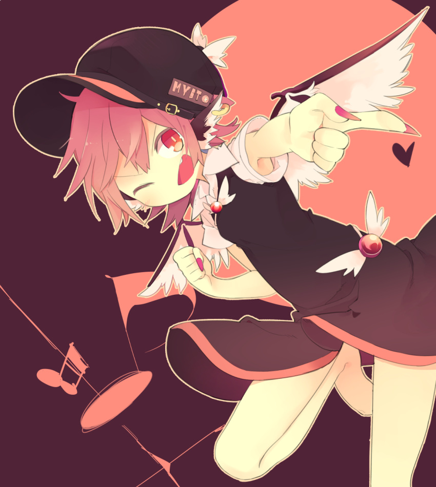1girl ;o aki_maki_yuu alternate_headwear animal_ears barefoot baseball_cap beamed_quavers bird_wings clenched_hand earrings fingernails hat heart highres jewelry long_fingernails musical_note mystia_lorelei nail_polish no_nose no_toes one_eye_closed pink_hair pink_nails pointing pointing_at_viewer quaver sharp_fingernails short_hair short_sleeves solo touhou wings