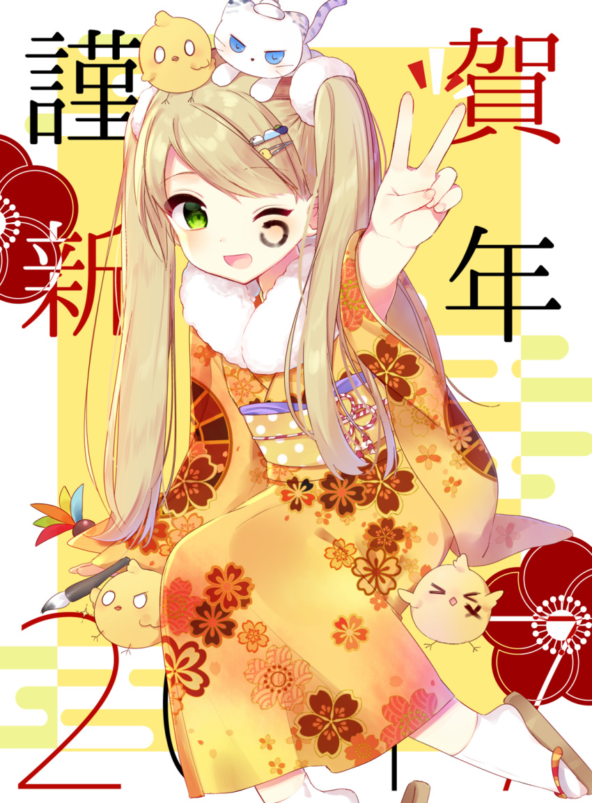 &gt;_&lt; 1girl 2017 ;d animal animal_on_head bangs blonde_hair blush calligraphy_brush cat cat_on_head chick_on_head closed_eyes eyebrows_visible_through_hair facepaint floral_print fur_collar green_eyes hair_ornament hairclip hanetsuki happy_new_year highres japanese_clothes kimono long_hair looking_at_viewer mafuyu_(chibi21) nengajou new_year obi on_head one_eye_closed open_mouth original outstretched_arm paintbrush sandals sash sitting smile socks solo swept_bangs translated twintails v white_legwear yellow_kimono