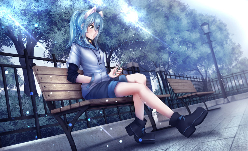 1girl animal_ears bench black_eyes black_shoes blue_hair blush cat_ears cellphone closed_mouth dappled_sunlight earphones fence from_side full_body hair_ornament hairclip hand_in_pocket highres hood hood_down hoodie lamppost light_particles mochi_(chain_csn) morning original outdoors park_bench phone ponytail shoes shorts sitting smartphone smile solo sunlight tree