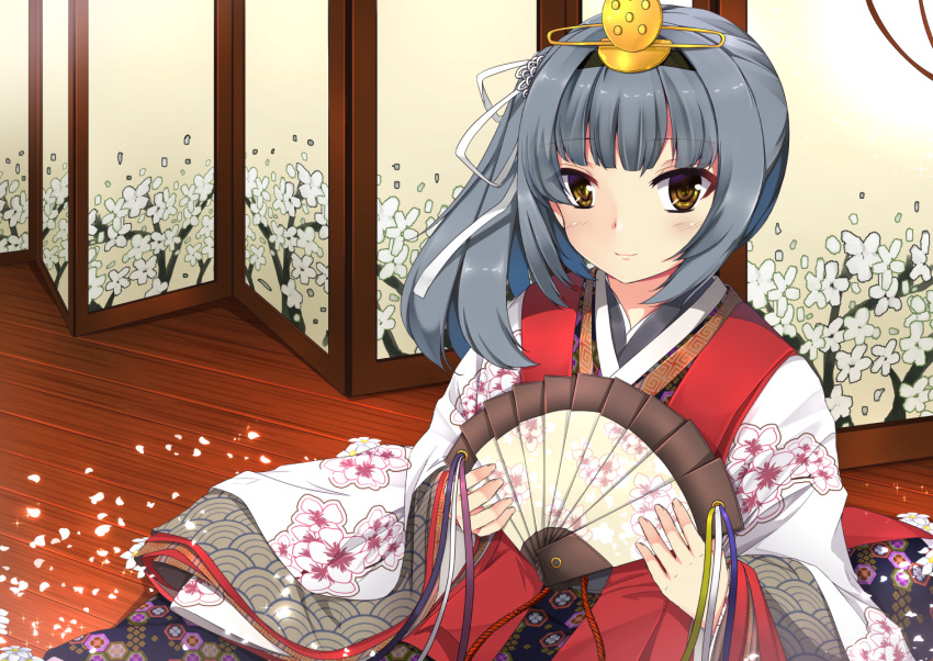 1girl alternate_costume bangs black_hairband cherry_blossoms closed_mouth commentary crown eyebrows_visible_through_hair eyes_visible_through_hair fan floral_print folding_fan folding_screen grey_hair hair_ribbon hairband holding holding_fan indoors japanese_clothes kantai_collection karaginu_mo kasumi_(kantai_collection) kimono layered_clothing layered_kimono long_hair looking_at_viewer multicolored multicolored_clothes multicolored_kimono petals print_kimono red_string ribbon sheita shiny shiny_hair side_ponytail sitting smile solo sparkle string white_ribbon wide_sleeves wooden_floor yellow_eyes