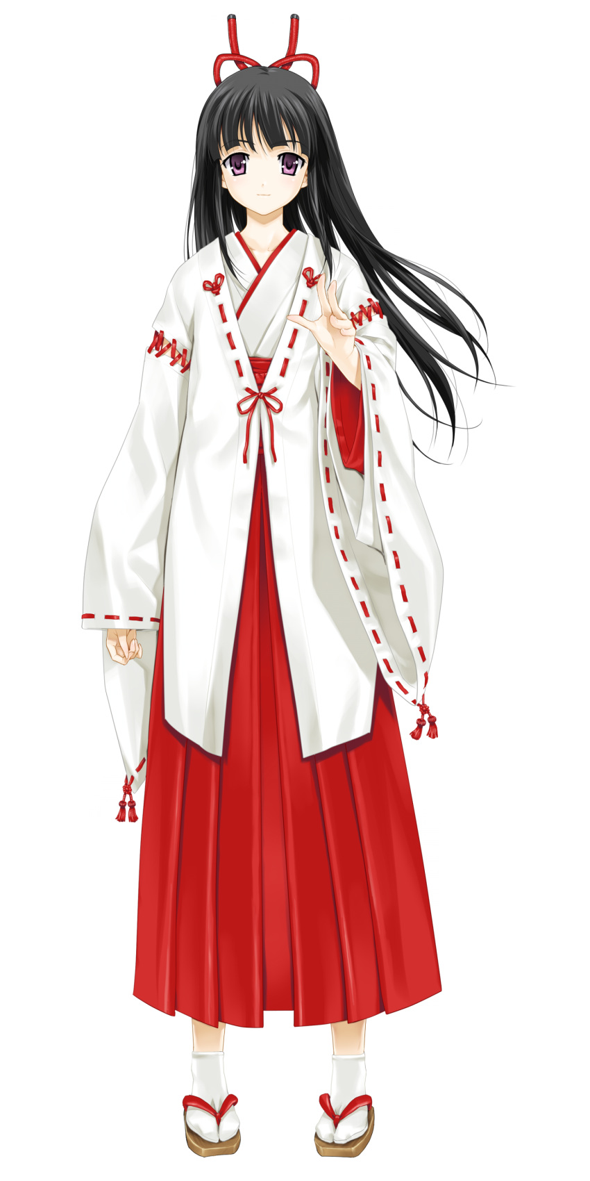 1girl absurdres black_hair full_body highres japanese_clothes long_hair long_sleeves looking_at_viewer miko ribbon-trimmed_sleeves ribbon_trim sandals solo tabi violet_eyes wide_sleeves