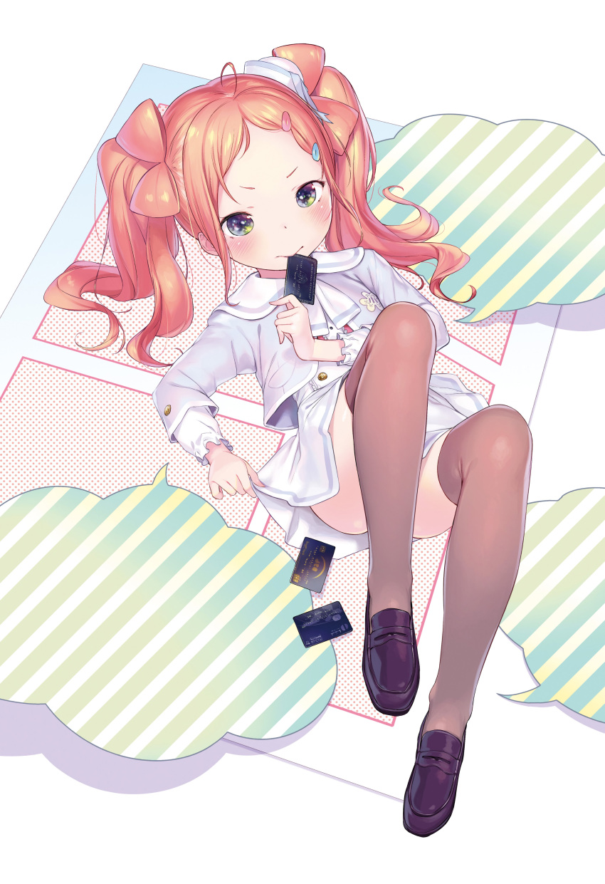 1girl absurdres bangs brown_legwear card full_body green_eyes hair_ornament hairclip henreader highres holding holding_card kyou_kara_ore_wa_loli_no_himo! loafers long_hair long_sleeves mouth_hold official_art orange_hair shoes skirt skirt_lift solo swept_bangs thigh-highs twintails