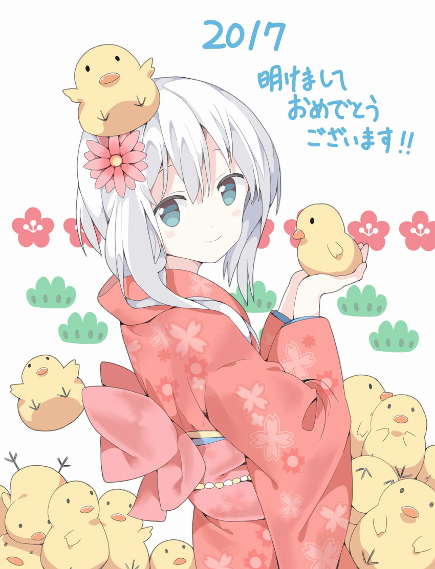 1girl bird blue_eyes blue_hair blush duck duckling flower hair_flower hair_ornament highres japanese_clothes kimono original smile tantan_men_(dragon)