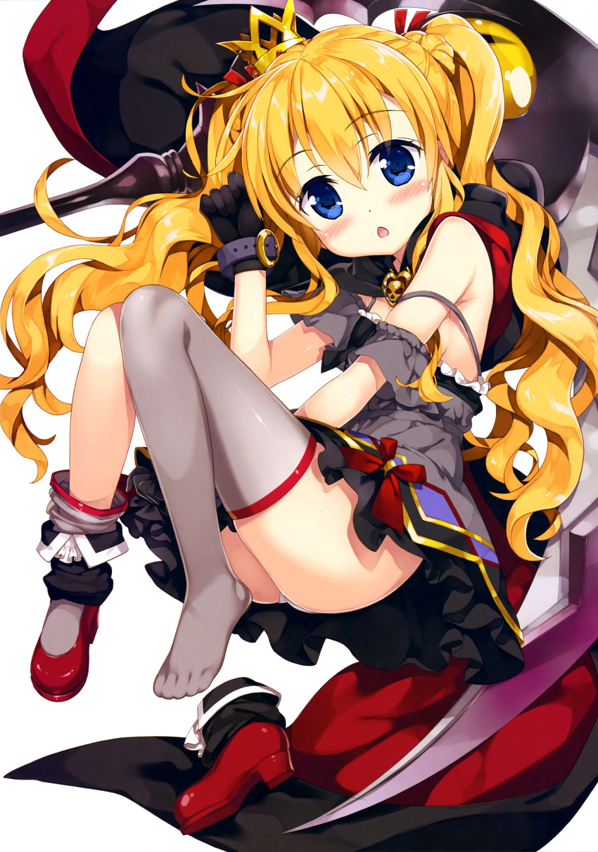 1girl :o absurdres ass bangs bare_shoulders belt black_gloves blonde_hair blue_eyes bow cape crown detached_sleeves dress eyebrows eyebrows_visible_through_hair frills fujima_takuya full_body gloves grey_legwear hair_between_eyes highres long_hair looking_at_viewer original red_bow red_shoes shoes shoes_removed short_dress simple_background single_shoe single_sock single_thighhigh socks solo strap_slip thigh-highs twintails upskirt wavy_hair white_background