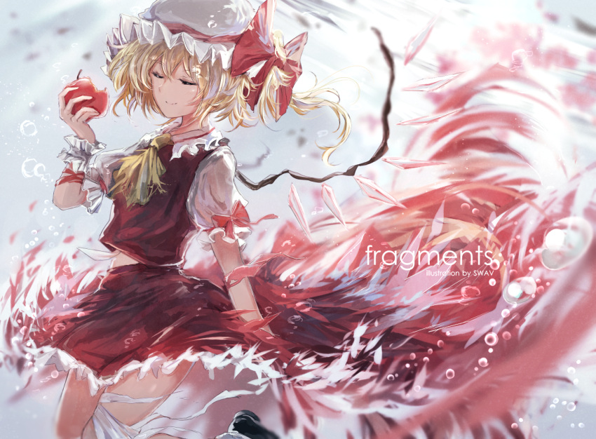 1girl apple black_shoes blonde_hair closed_eyes flandre_scarlet food fruit hat hat_ribbon mob_cap puffy_short_sleeves puffy_sleeves red_ribbon red_skirt ribbon shoes short_sleeves side_ponytail skirt skirt_set smile solo tosk_(swav-coco) touhou vest wings