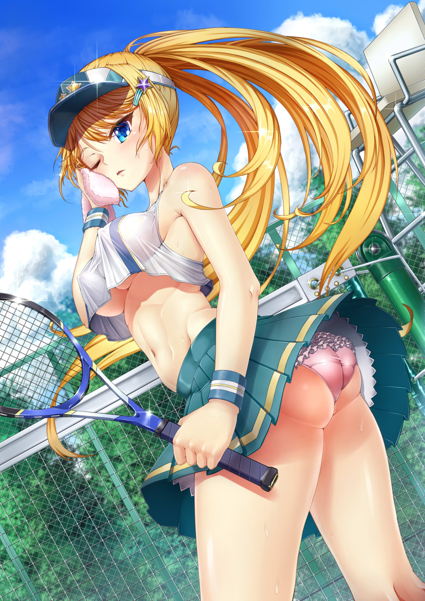1girl absurdres aqua_skirt armband ass bangs blonde_hair blue_eyes blue_sky breasts chain-link_fence chair clouds crop_top day dutch_angle erect_nipples fence frilled_panties frills glint hair_ornament hairclip high_ponytail highres kido_airaku long_hair looking_at_viewer midriff miniskirt moe2017 navel no_bra one_eye_closed original outdoors panties parted_lips perky_breasts pink_panties pleated_skirt ponytail racket shiny shiny_hair skirt sky sleeveless solo sparkle star star_hair_ornament tennis tennis_racket towel under_boob underwear upskirt visor_cap wiping_face wristband