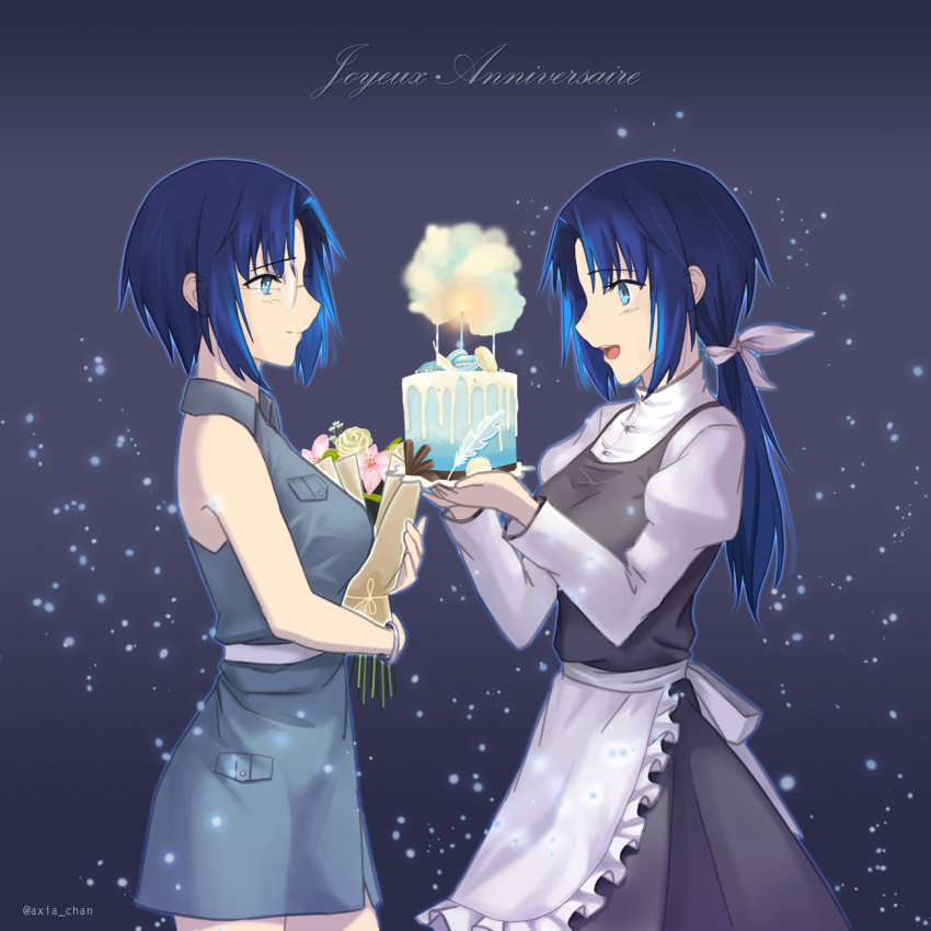 2girls apron armlet artist_name bangs bare_shoulders blue_background blue_eyes blue_hair bouquet breasts cake candle ciel cowboy_shot dress elesia flower food french from_side glasses gradient gradient_background hair_ribbon highres holding holding_bouquet juliet_sleeves light_particles long_sleeves low_ponytail medium_breasts multiple_girls oceanbellereine open_mouth profile puffy_sleeves ribbon short_hair sidelocks sleeveless sleeveless_dress smile standing text tsukihime tsurime waist_apron white_ribbon