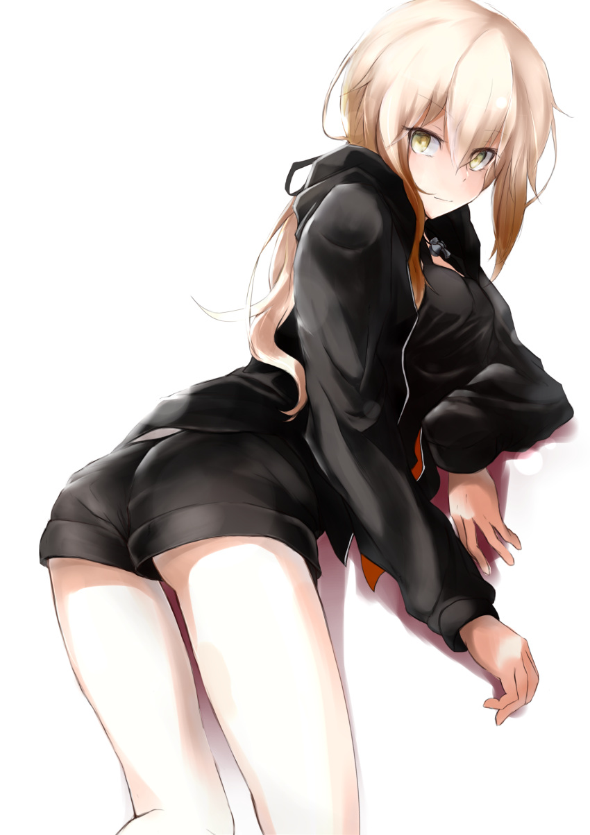 1girl absurdres adapted_costume alternate_costume bangs black_blouse black_shorts blonde_hair blouse breasts casual closed_mouth commentary_request fate/stay_night fate_(series) hair_between_eyes highres hood hoodie long_sleeves looking_at_viewer open_clothes open_hoodie saber saber_alter shirokuma1414 short_shorts shorts simple_background solo thighs white_background yellow_eyes
