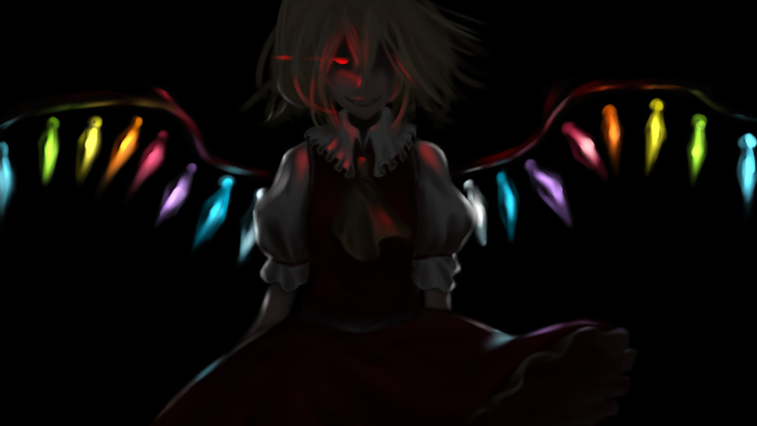 1girl ascot blonde_hair cowboy_shot crystal darkness dress flandre_scarlet frilled_shirt_collar frills glowing glowing_eye grin looking_at_viewer mochi_(chain_csn) no_hat no_headwear puffy_short_sleeves puffy_sleeves red_dress red_eyes short_sleeves smile solo touhou wings