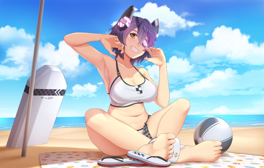 1girl arm_up armpits ball barefoot beach beach_towel beachball bikini breasts checkered checkered_necktie cleavage clouds day eyepatch feet flip-flops grin headgear highres indian_style kantai_collection large_breasts looking_at_viewer mochi_(chain_csn) navel necktie necktie_removed ocean outdoors purple_hair sand sandals sandals_removed shoes_removed short_hair sitting sky smile soles solo swimsuit tenryuu_(kantai_collection) toes towel white_bikini yellow_eyes