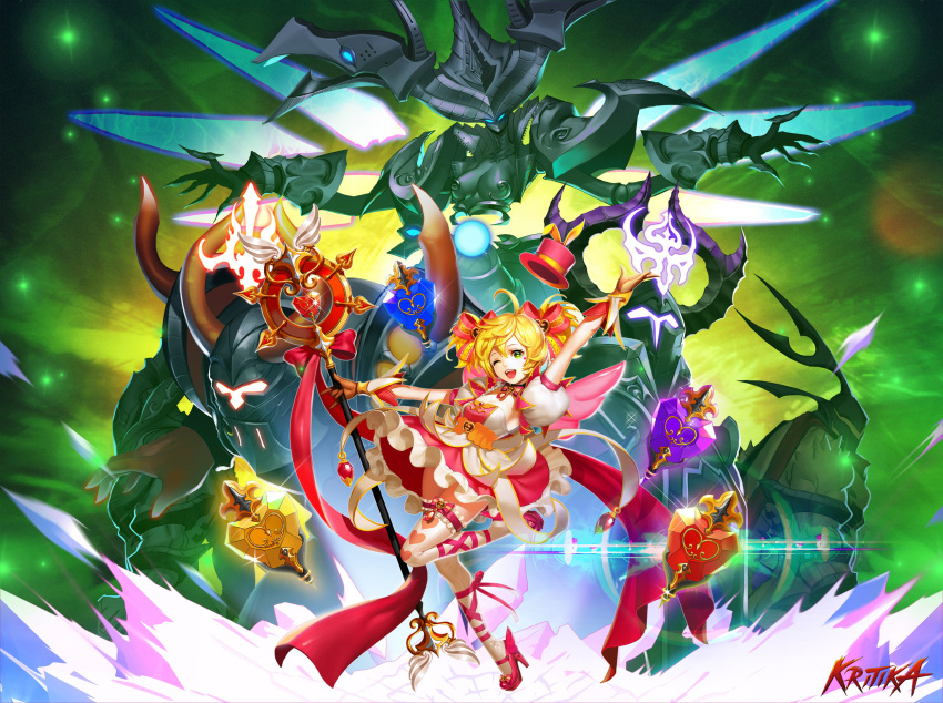 1boy 2girls armor blonde_hair breasts brown_gloves character_request choker claws cleavage gem gloves green_eyes hair_ribbon hat heart heart-shaped_pupils helmet high_heels highres horns kritika large_breasts logo lsr medium_breasts multiple_girls official_art one_eye_closed open_mouth puffy_short_sleeves puffy_sleeves ribbon short_sleeves smile sparkle star symbol-shaped_pupils thigh-highs top_hat twintails zettai_ryouiki